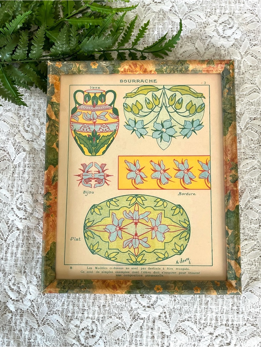Vintage Floral Wood Framed Bourrache Art Deco Decor 8x10